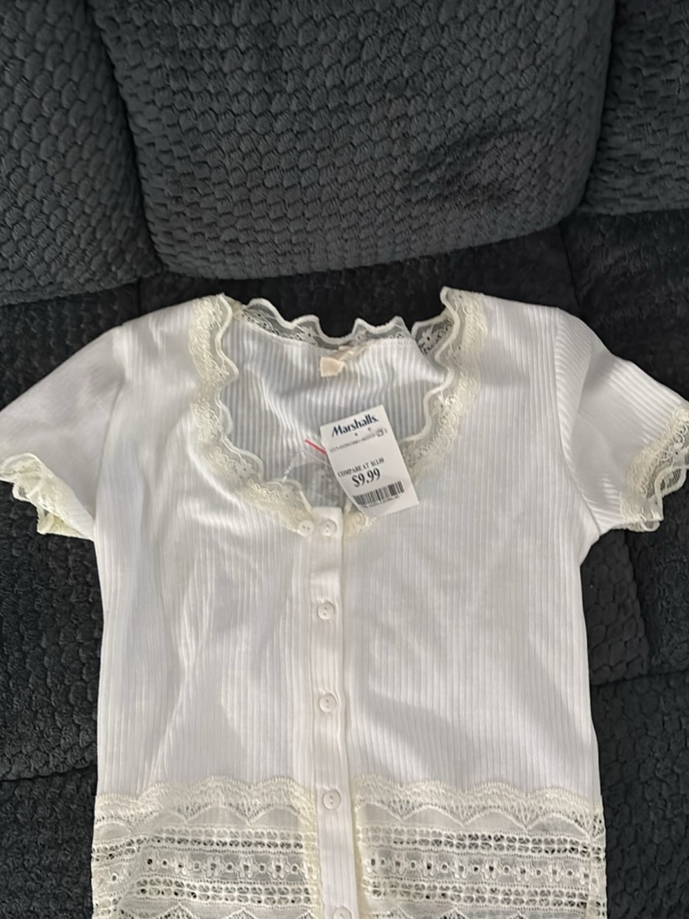Marshalls White Ribbed Button-Front Blouse with Cream Lace Accents